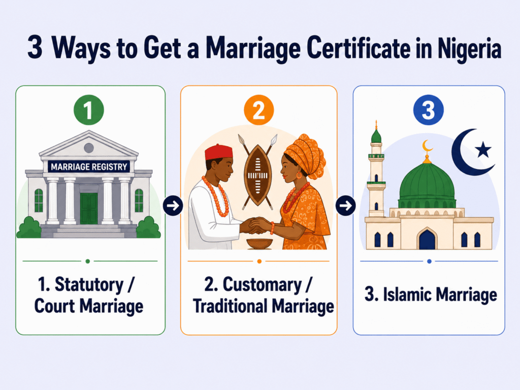 An infographics showing the 3 ways you can get a marriage certificate in Nigeria