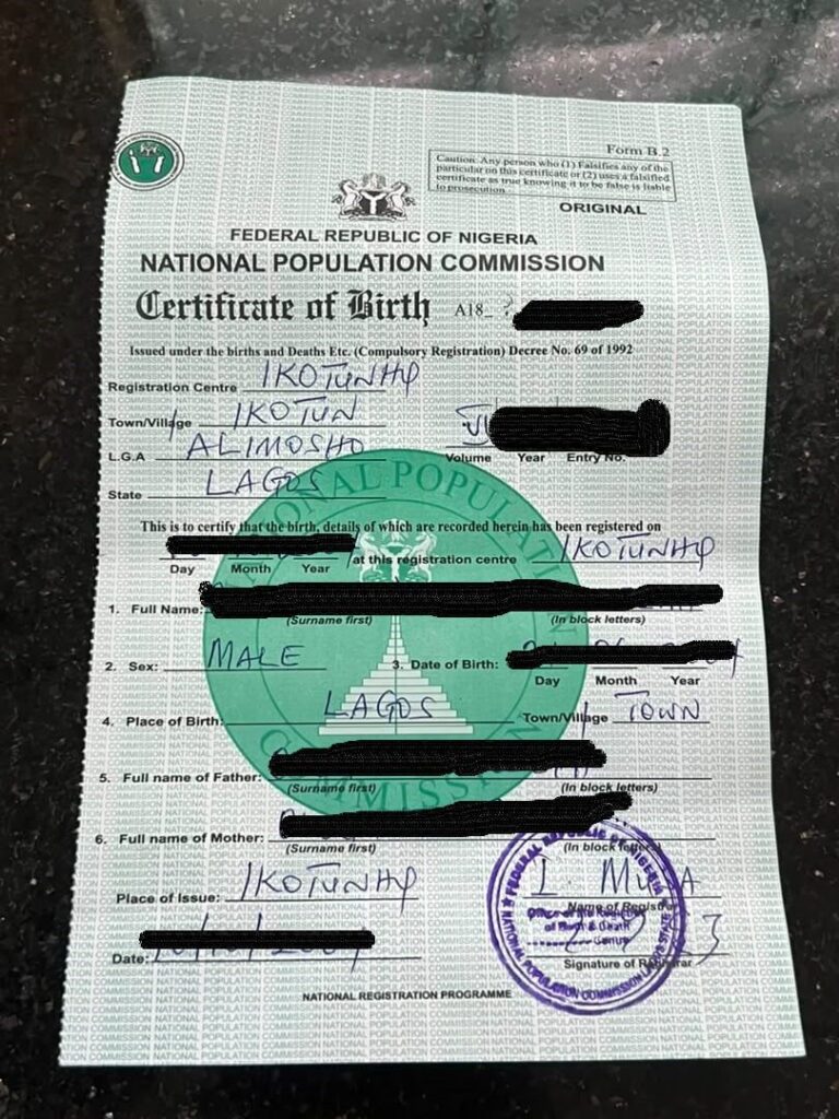 Original birth certificate from NPC sample