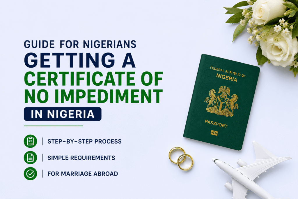 A Nigerian passport beside a Certificate of No Impediment, wedding flowers, and travel items in the background, representing the documents required for Nigerians marrying abroad.