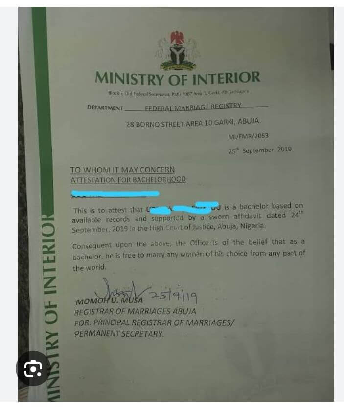 A certificate of no impediment issued to a male by the Ministry of Interior, Nigeria