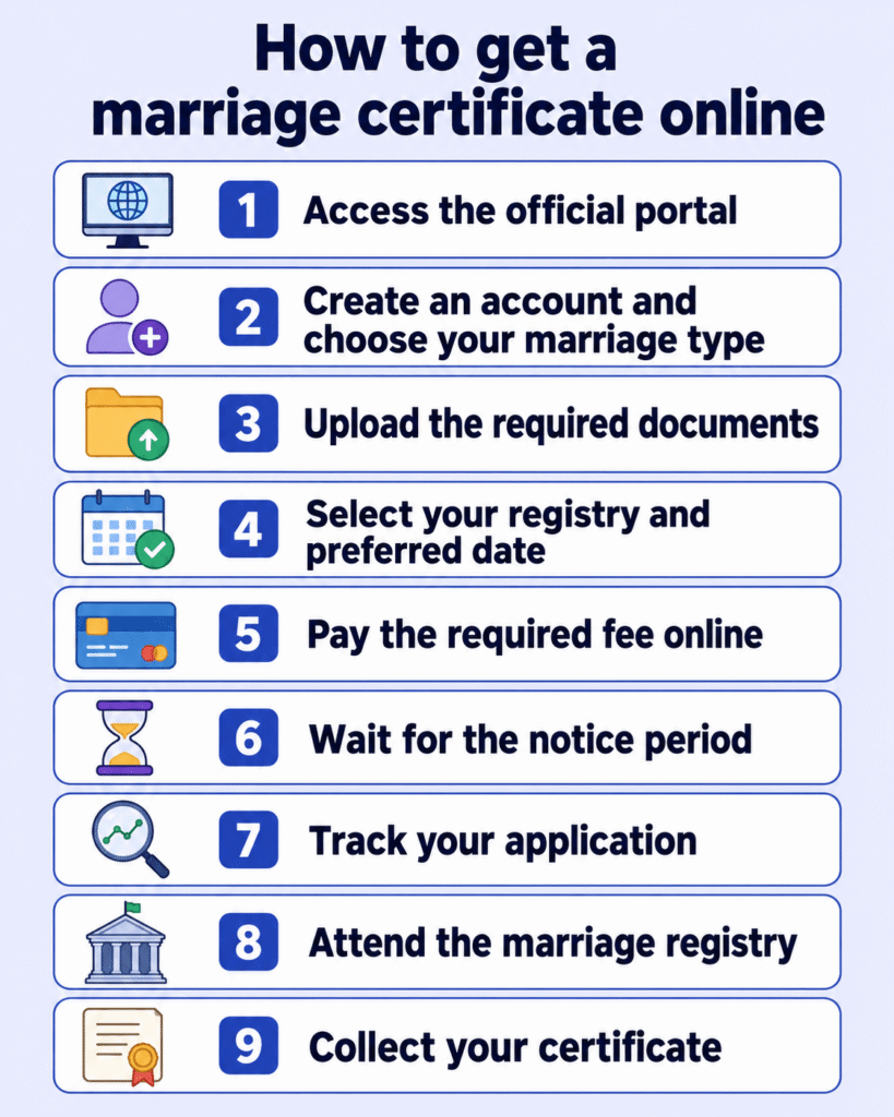 A step-by-step infographics on how to get a marriage certificate online in Nigeria