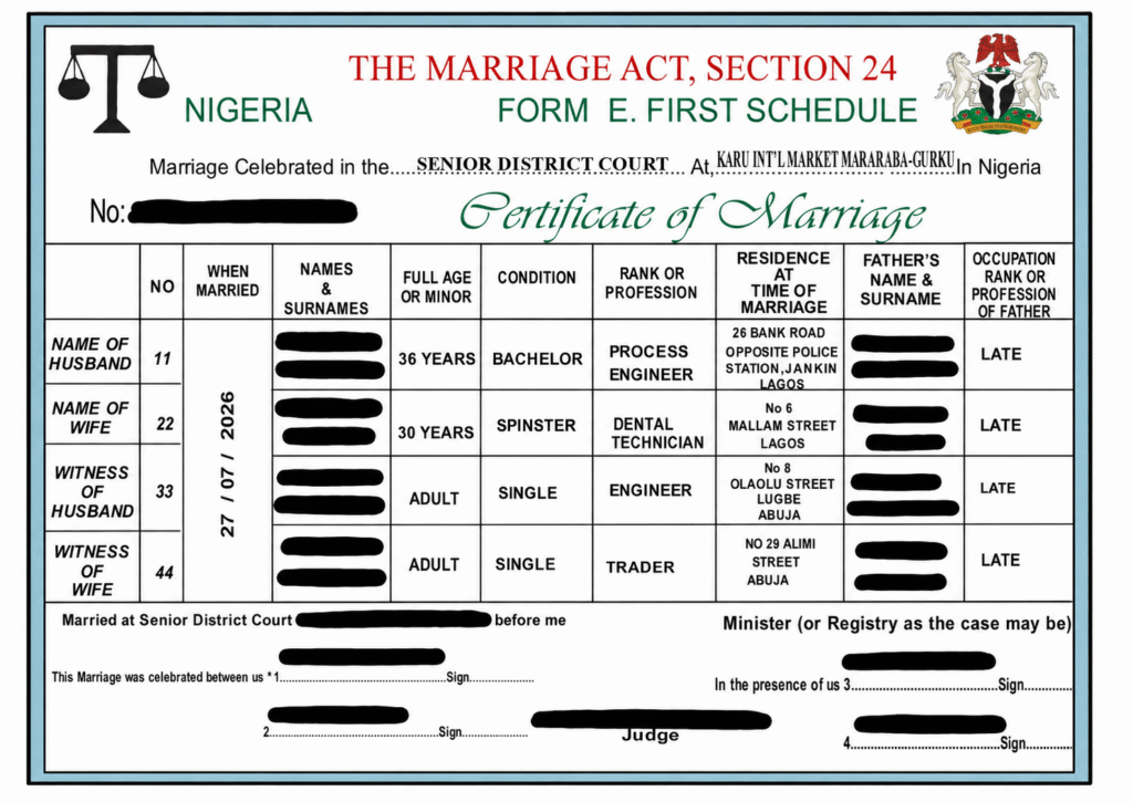 This image shows what a real Marriage certificate looks like in Nigeria.