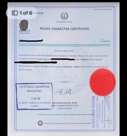Sample of a notarized police character certificate